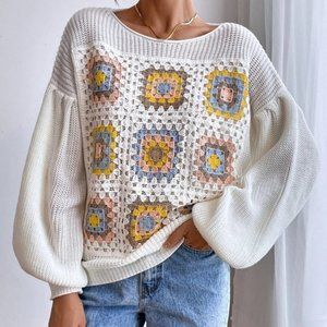 Boho cream Crochet Floral Detail Knit Sweater top